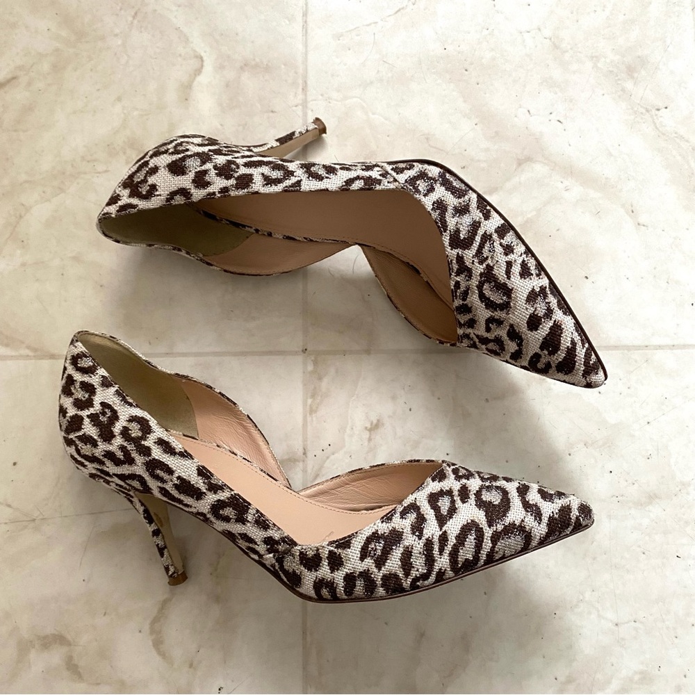 $248 J.Crew Made in Italy Leopard Print Glitter Pointed Toe D'Orsay Heels size 7
